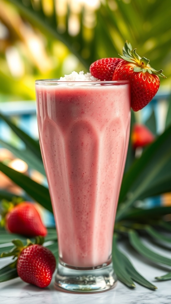 A refreshing Tropical Strawberry Coconut Smoothie in a glass, garnished with strawberries and coconut flakes, set against a tropical backdrop.
